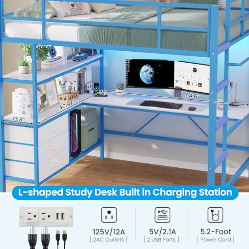 DICTAC Loft Bed Full Size with L-Shaped Desk and Charging Station Full Metal Bed Frame with LED Lights,Open Shelves and 3 Fabric Storage Drawers