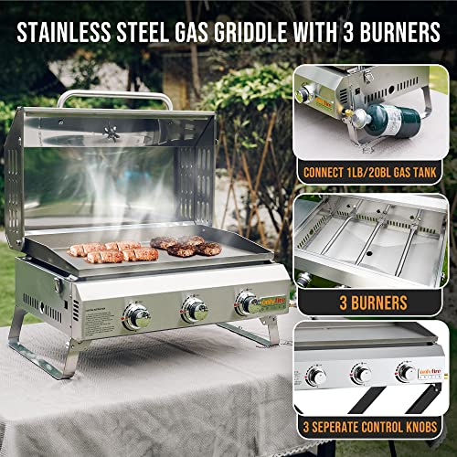Portable Propane Gas Griddle 3-Burner with Foldable Cart & Side Table, Flat Top Gas Grill Griddle Stove with Lid