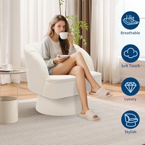 GarveeHome Modern Swivel Barrel Accent Chair, 360° Teddy Fabric Upholstered Armchair with Striped Backrest & Plush Padding