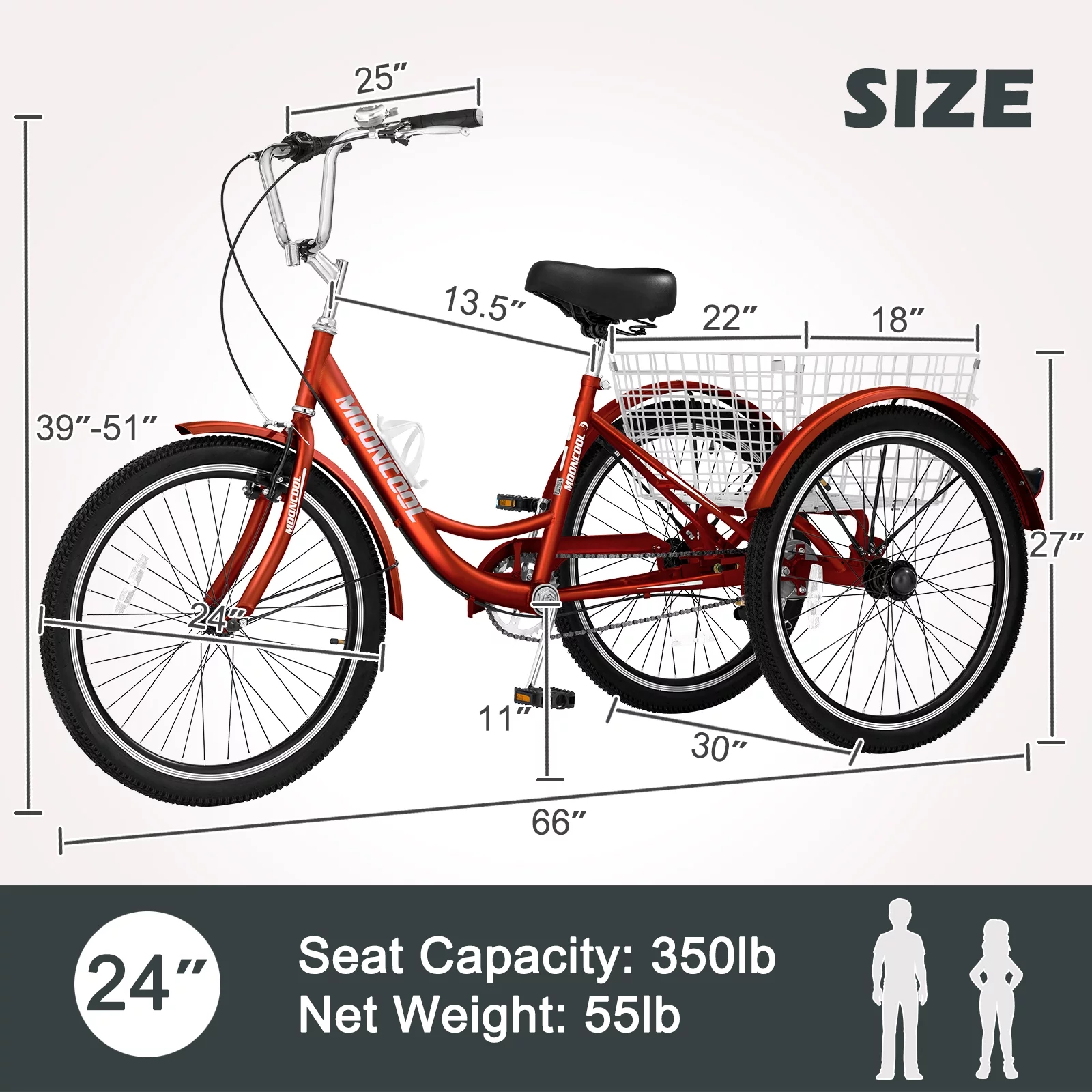 Adult Tricycles Single Speed, Adult Trikes 24 inch 3 Wheel Bikes, Three-Wheeled Bicycles Cruise Trike with Shopping Basket for Seniors, Women, Men