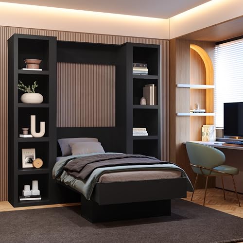 Oakland Living Easy-Lift Queen Murphy Wall Bed in Brown Wood Grain with Two Bookshelves