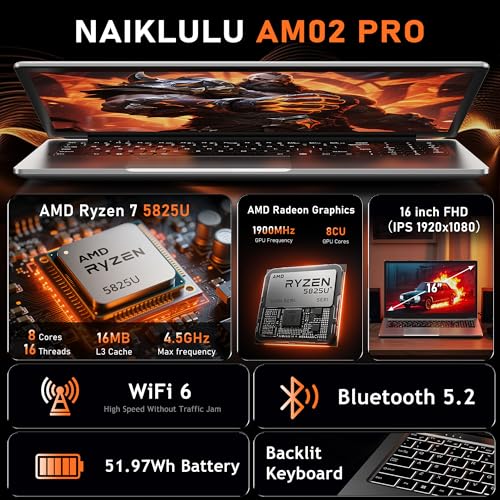 2025 Gaming Laptop 16 Inch Laptop Computer with Ryzen 7 5825U Processor, 32GB DDR4, 1T SSD, FHD Display 1920*1080P, Win 11 PRO, WiFi 6