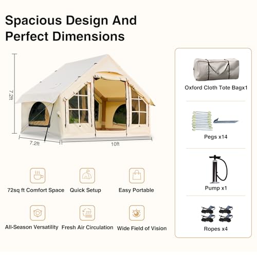 2025 Upgraded Waterproof Inflatable Camping Tent, Large Blow-Up Air Tent, No Assembly Needed Luxury Glamping House, Oxford Fabric