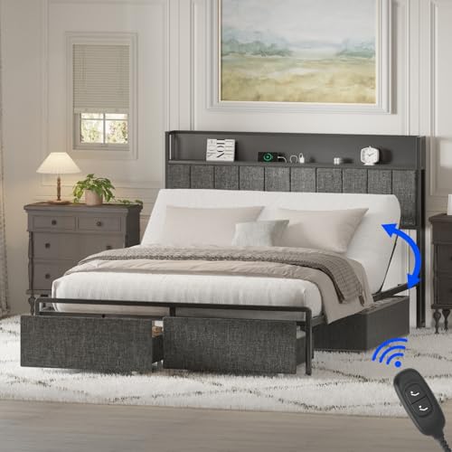 FLEXISPOT Queen Adjustable Bed + 12-inch Cooling Gel Memory Foam Mattress, Storage Headboard, Charging Station, Head Incline, LED Lighting