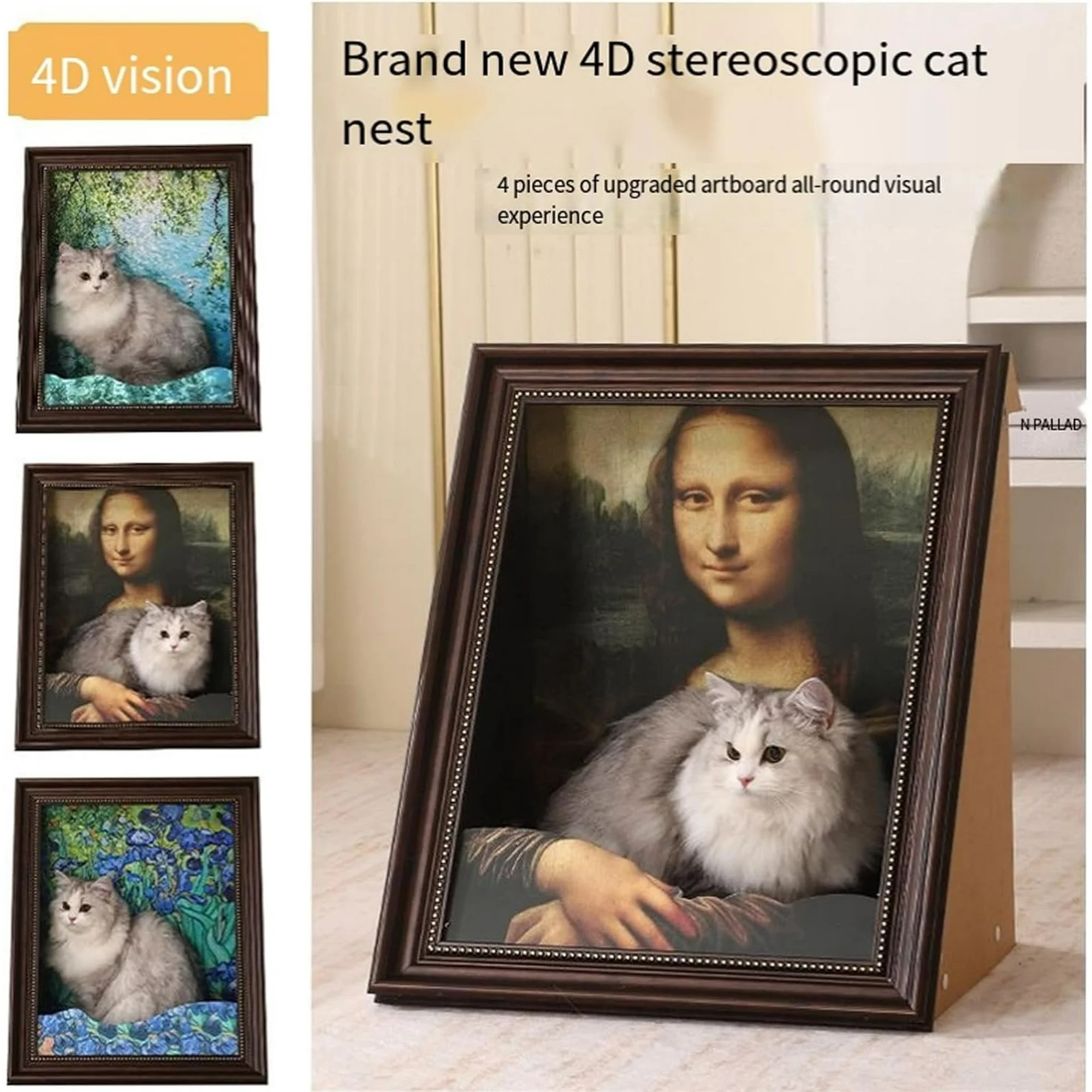 Mona Lisa Cat Scratcher Bed, Cat Living in Famous Painting, Art 4D Oil with Arm Front Panel
