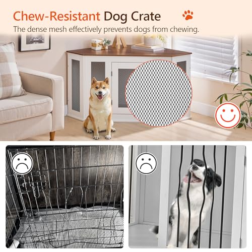 Corner Dog Crate Furniture, Wooden Dog Kennel End Table, Decorative Pet Crate Indoor Use, Furniture Style Dog House for Small Medium Dog