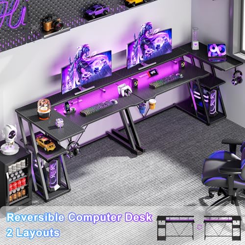 55 Inch Gaming Desk with Power Outlet & LED Lights, L Shaped Gamer Computer Table with Storage Shelves for Bedroom, Corner Home Office Desk