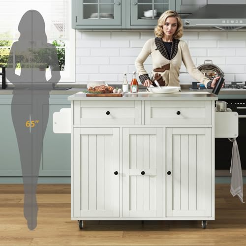 DWVO Kitchen Island on Wheels, Mobile Kitchen Island Cart with Folding Drop Leaf Breakfast Bar, Island Table for Kitchen with Large Storage Cabinets