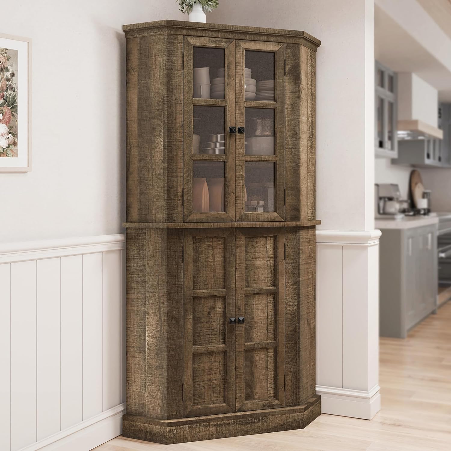 Corner Storage Cabinet, 67" Kitchen Corner Pantry Cabinet with Glass Doors