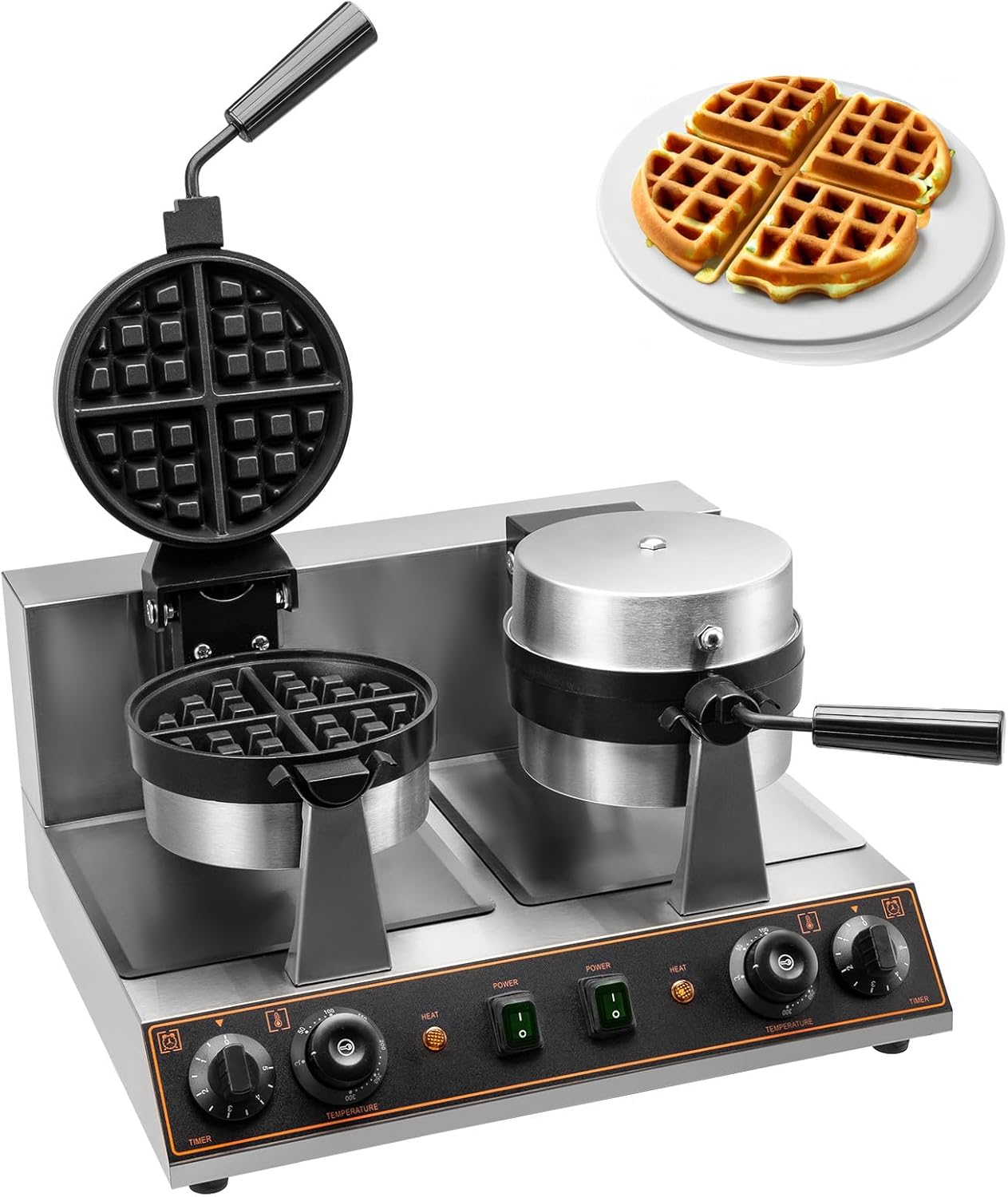 Belgian Waffle Maker 2600W Commercial Waffle Maker Double Waffle Maker 360° Rotating Large Stainless Steel Waffle Maker Non-stick Electric Chaffle