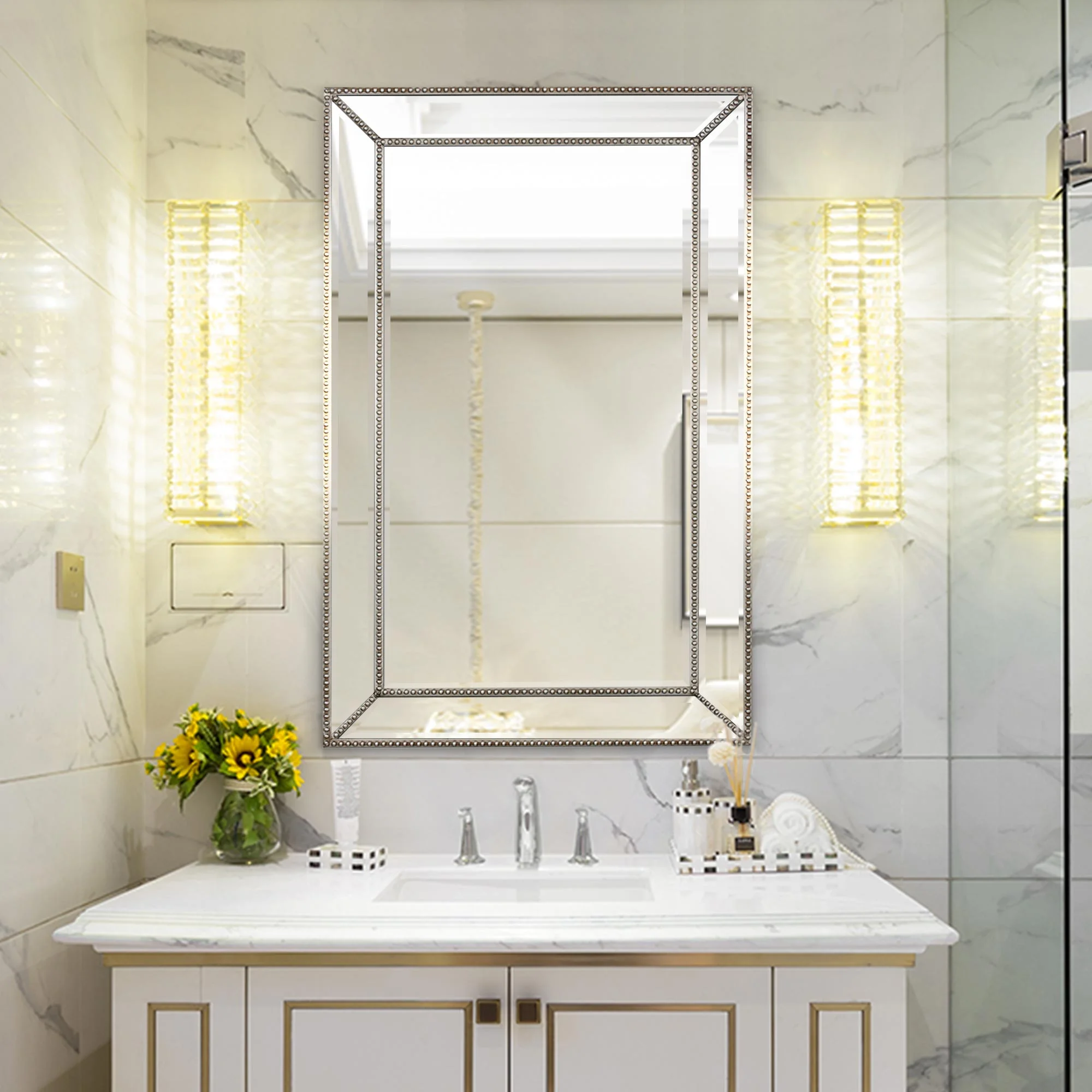 Head West Champagne Silver Metro Beaded Glass Framed Vanity Mirror - Rectangle Mirror for Bathroom & Living Room