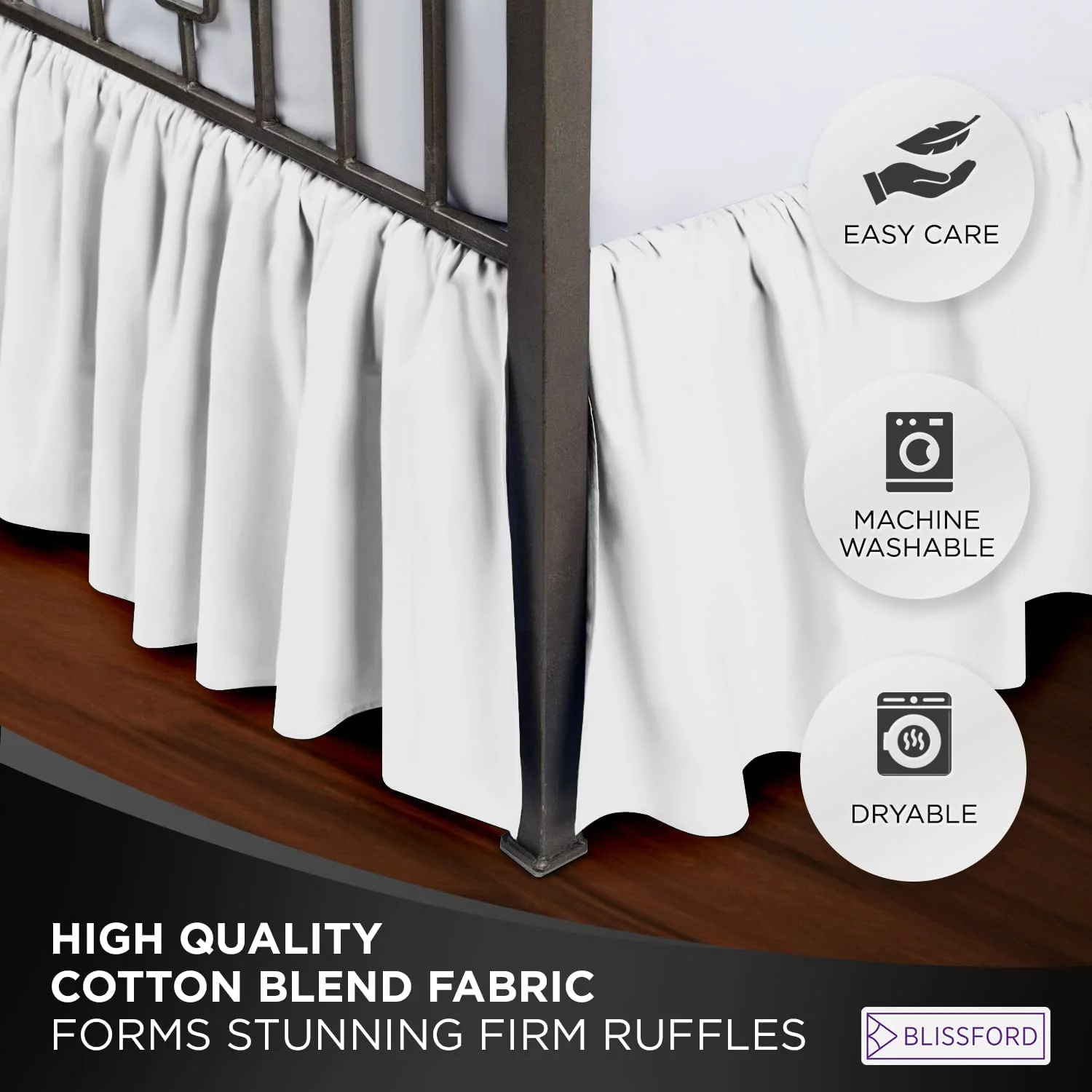 Ruffled Bed Skirt with Split Corners - Queen, White, 21" Drop Dust Ruffle- Blissford Dust Ruffle