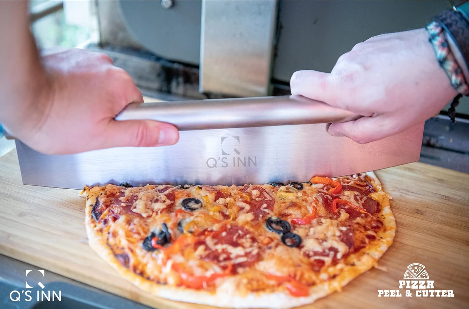 Perforated Pizza Peel 12x14 Inch from Anodized Aluminum Pizza Paddle and Pizza Tuning Peel. The perfect set for your Home Made Pizza by Q's INN. Pack