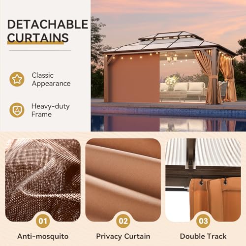 Aoxun 12'x16' Hardtop Gazebo, Aluminum Frame Permanent Pavilion with Netting and Curtains, Outdoor Polycarbonate Double Roof Canopy