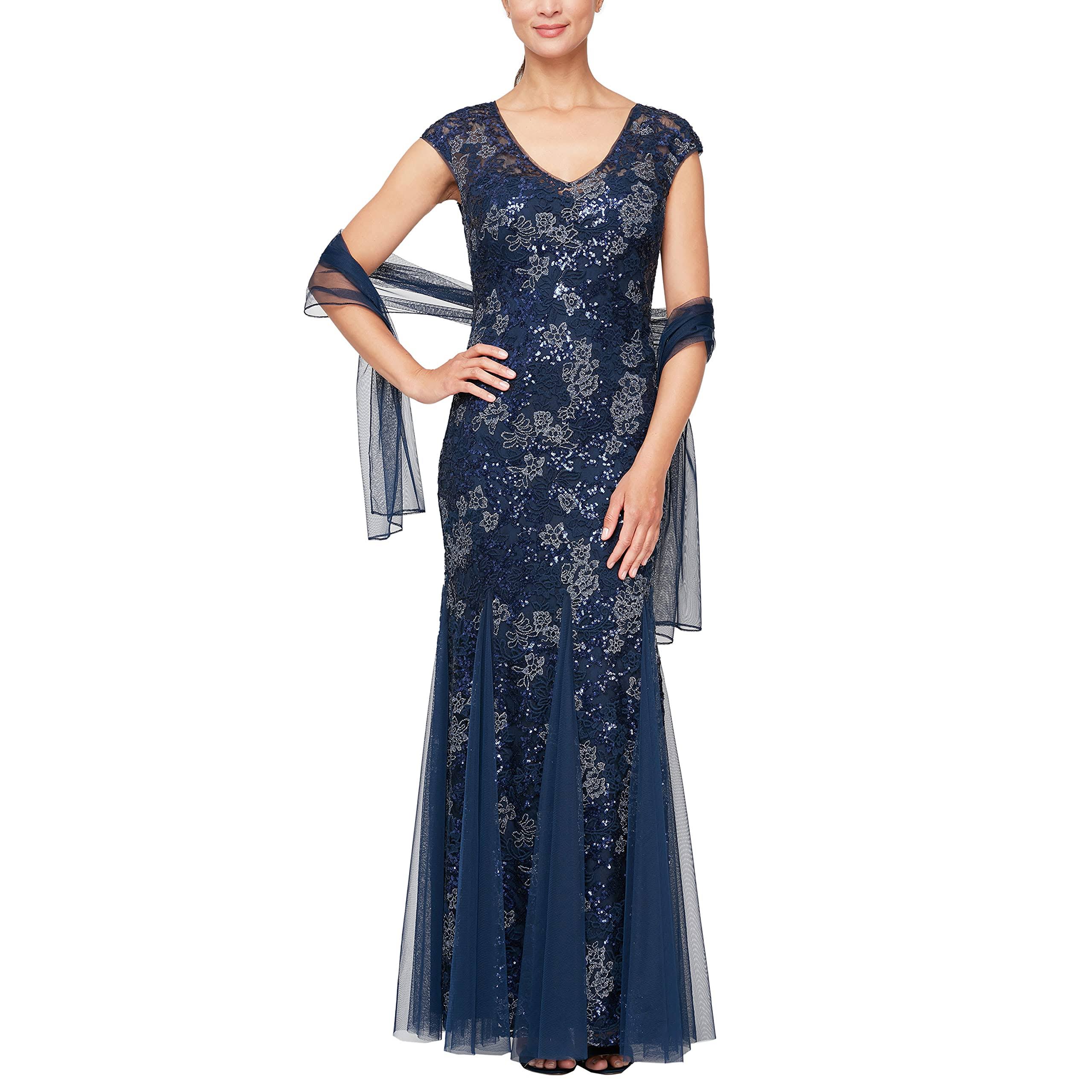 Alex Evenings Illusion V-Neck Capelet Cap Sleeve Embroidered Lace Godet Gown - 14