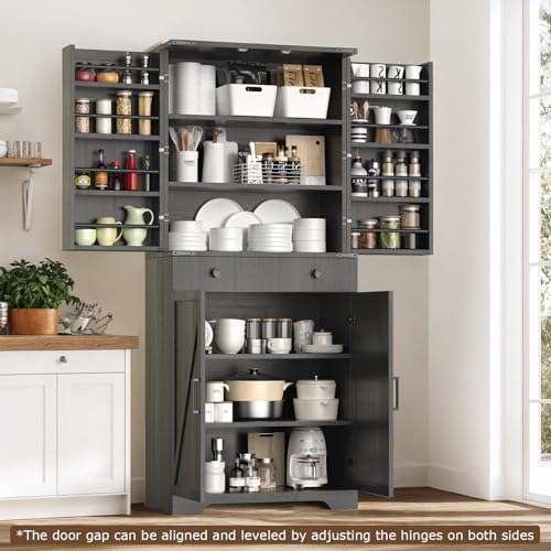 72" Tall Farmhouse Kitchen Pantry Cabinet, Large Storage Cabinet with 6 Adjustable Shelves, 4 Barn Doors & Drawer for Bathroom, Dining Room, Brown