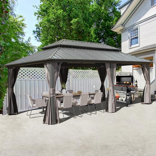 Domi 10' x 10' Hardtop Gazebo Outdoor Metal Gazebo with Galvanized Steel Double Roof Canopy, Curtains and Netting for Patio, Backyard, Deck