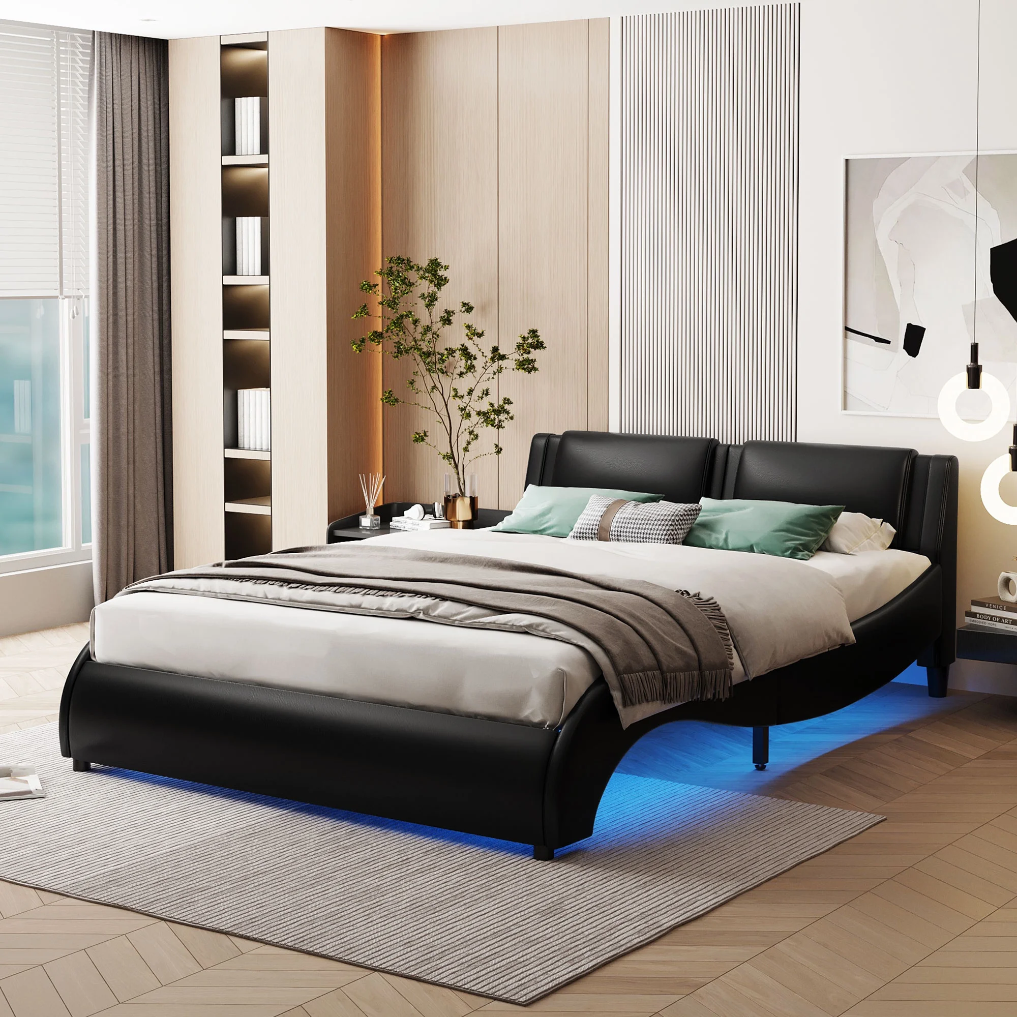 Bellemave Full Size Upholstered Platform Bed with LED Lights Underneath,Faux Leather Platform Bed Frame with Headboard and Slatted for Bedroom(Full