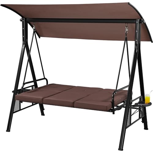 Yaheetech 3-Seat Deluxe Outdoor Patio Porch Swing with Angle-Adjustable Sunshade/Cupholder/Lie Down Hanging Chair, Lounge Chair for 3 People