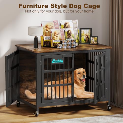 EasyCom 48"/42"/33" Dog Crate Furniture with Name Tag, Heavy Duty Dog Kennel Indoor for Large Dogs