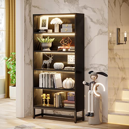 Tribesigns Tall Bookcase Black Bookshelf, 70.8” Large Bookcases Organizer with LED Lights