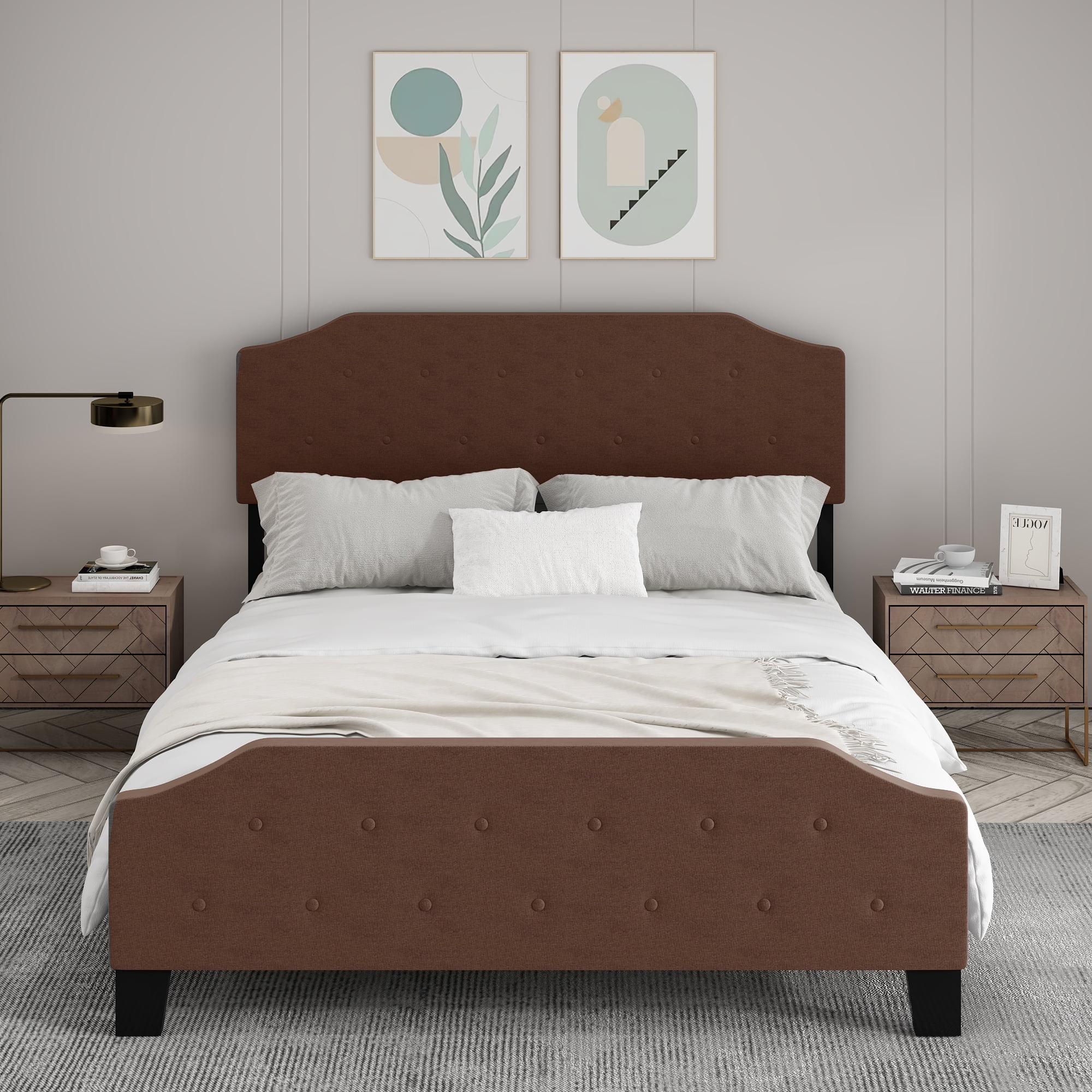 Upholstered Tufted Platform Bed Frame with Bonus Base Wooden Slat System, Queen, Brown