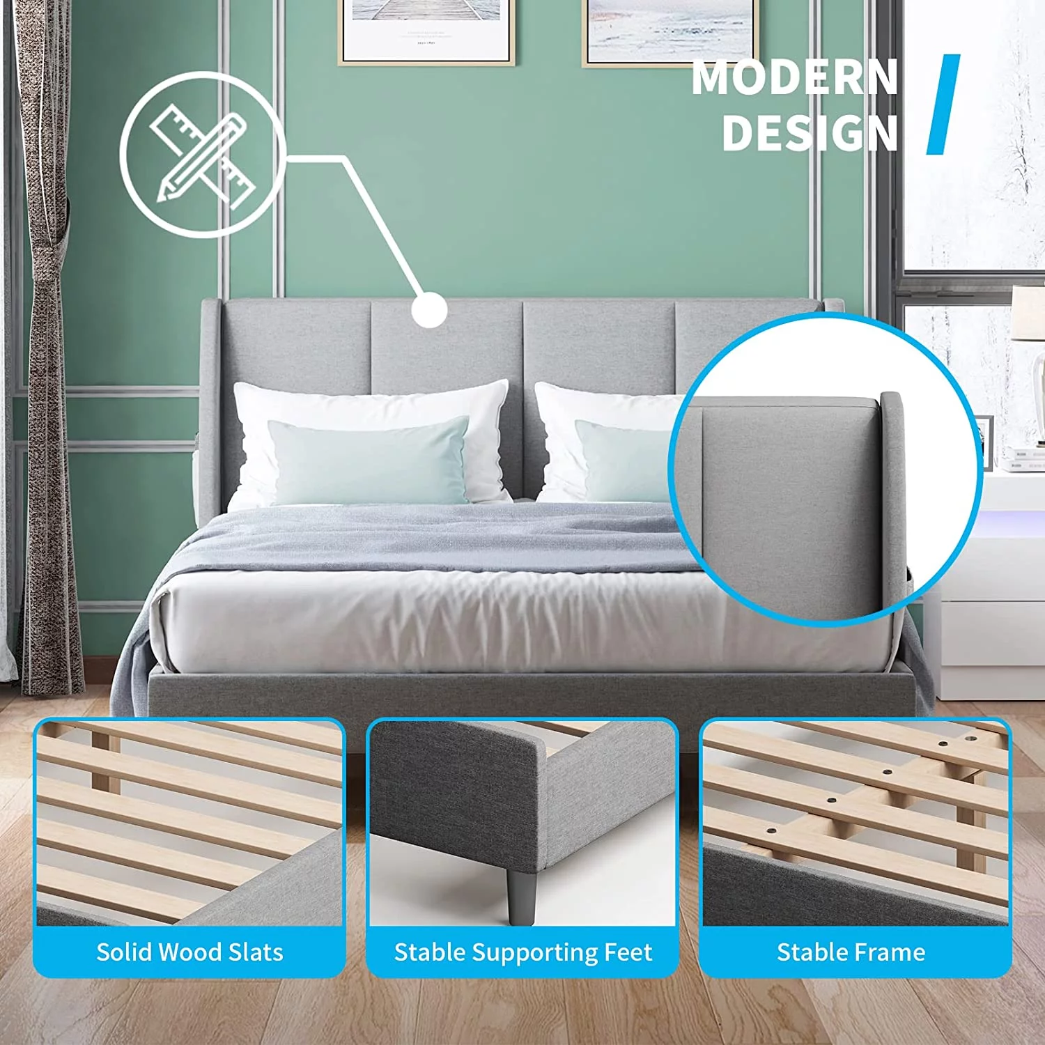 Mjkone King Platform Bed Frame with Wooden Slat Support, King Bed Frame and Headboard, King Size Bed Use Linen Upholstery