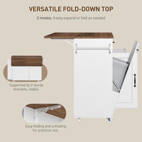 Kitchen Island with Power Outlet & Drop Leaf, Mobile Rolling Cart with Trash Can Storage, 3-Tier Spice Rack,Island Table for Kitchen, Dining Room