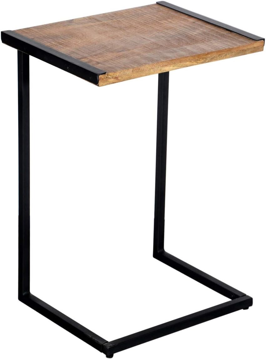 The Urban Port C Shape Mango Wood Sofa Side End Table with Metal Cantilever Base, Brown and Black