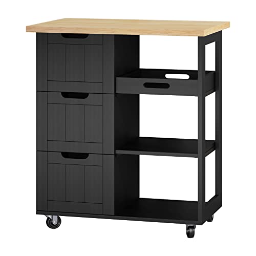 Shintenchi Rolling Kitchen Island Cart with Folding Drop Leaf Breakfast Bar, Portable Trolley Island with Large Storage Cabinet, Shelf and Drawer