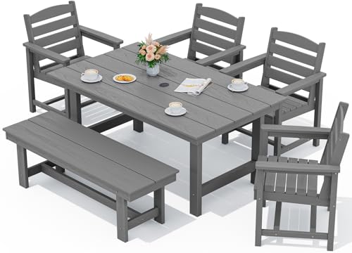 SERWALL Outdoor HDPE Dining Table Set, 7-Piece Outdoor Dining Table Sets with Umbrella Hole Cut-Out Table and 6 Chairs, Gray