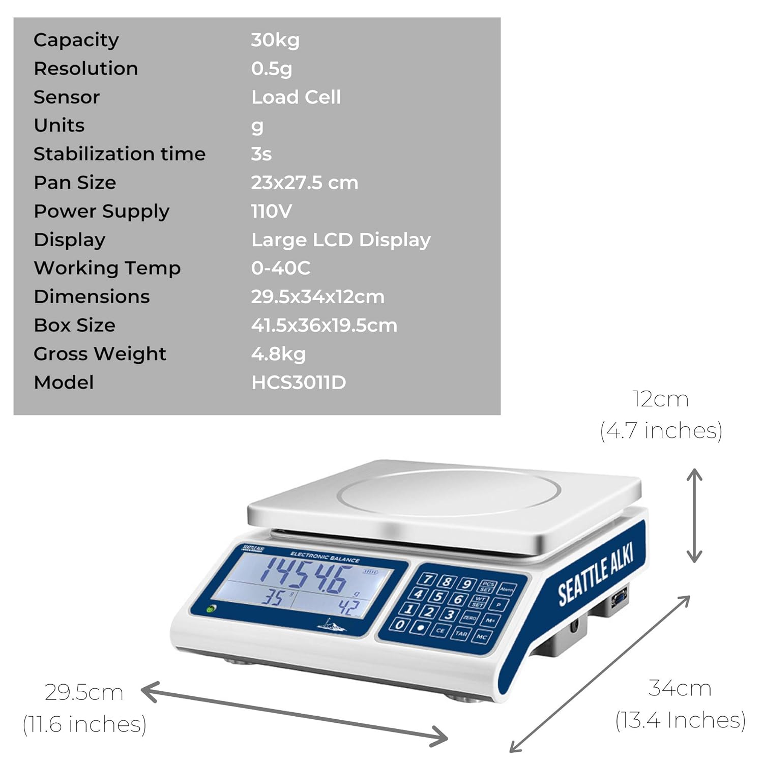 Seattle Alki Scientific Industrial Counting Scale, Digital Balance with 30kg Capacity & 0.5g Accuracy