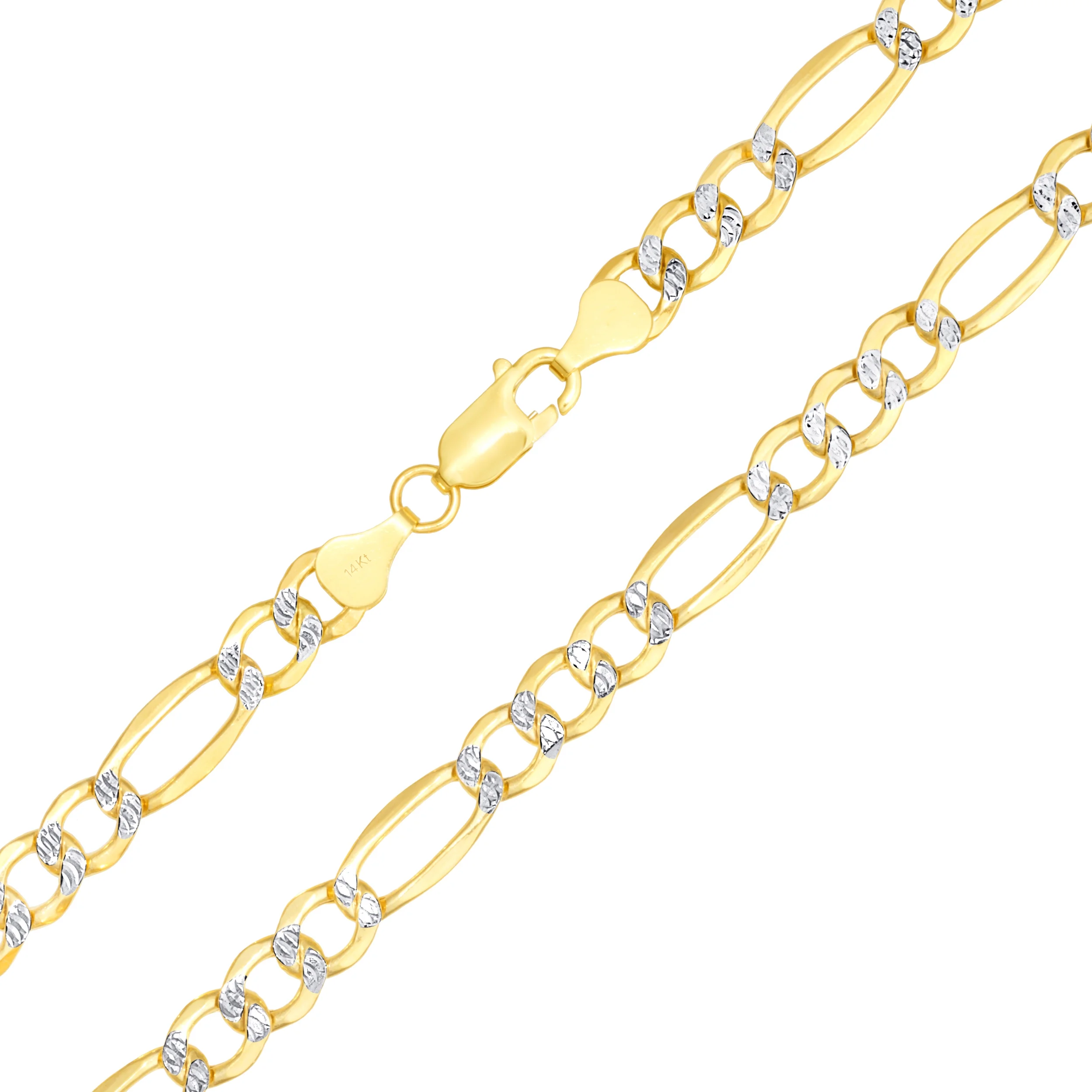 Nuragold 14k Yellow Gold Solid 7.5mm Figaro Chain Link Diamond Cut Pave Two Tone Necklace, Mens Jewelry 20" - 30"