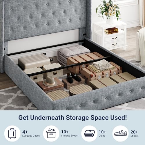 Allewie Full Size Lift Up Storage Bed, Modern Wingback Headboard, Hydraulic Support, No Box Spring Needed, Light Beige
