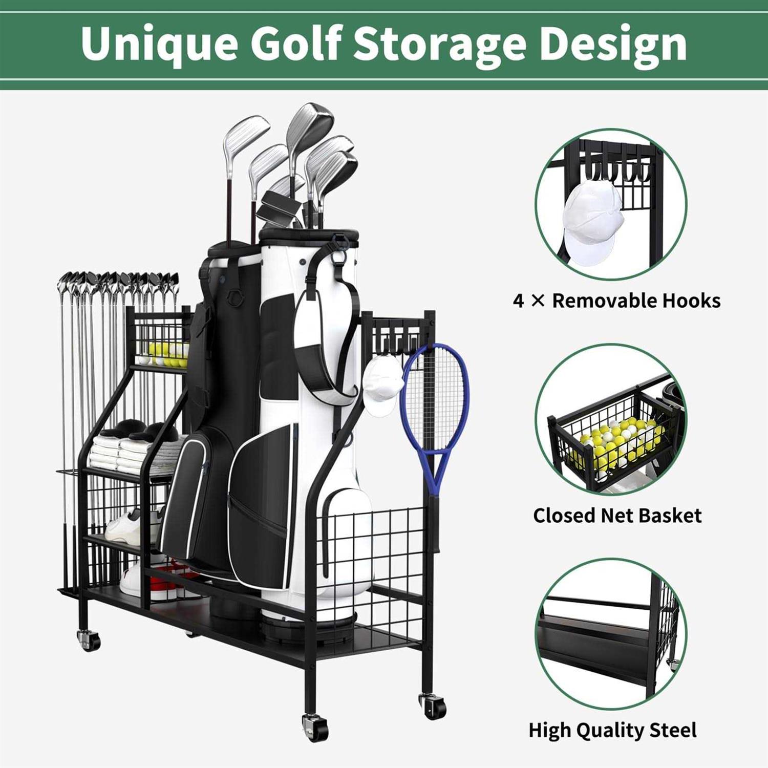 HoneySky Golf Storage Organizer for Garage Double Golf Bag Stand Storage Rack with Lockable Wheels - Sports Supplies Online Store