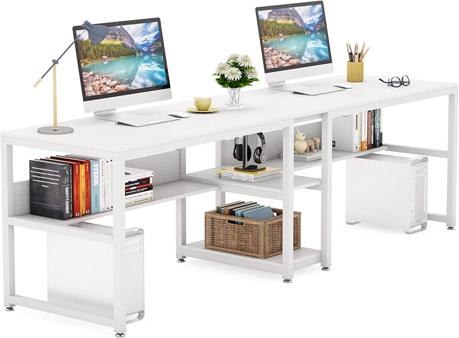 Tribesigns Double Computer Office Desk with 2 Ter Storage Shelf, Modern White Training Table