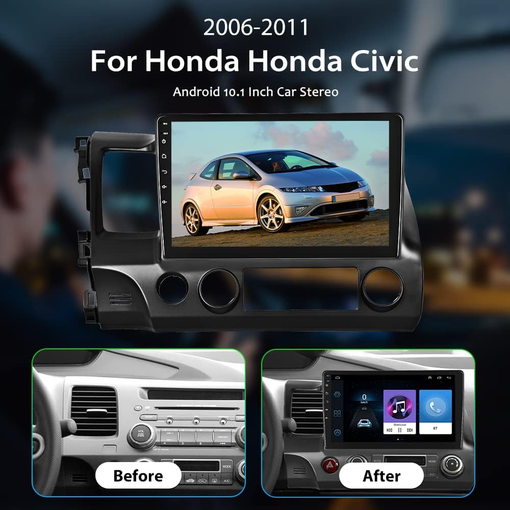 for Honda Civic Car Stereo 10.1 Inch Android Head Unit for Civic 2006-2011 Touch Screen Car Radio with Navigation Bluetooth FM WiFi USB SWC+Backup
