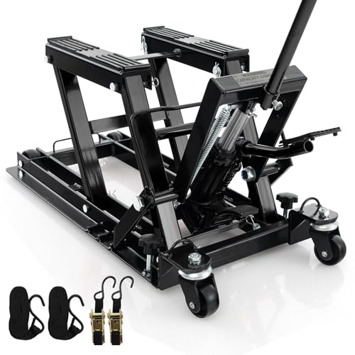 Goplus Motorcycle Lift, 1500 LBS Hydraulic ATV Scissor Jack with Footplates & Long Handle, 2 Ratchet Belts, 4 Wheels, 4.7”-15” Lifting Range