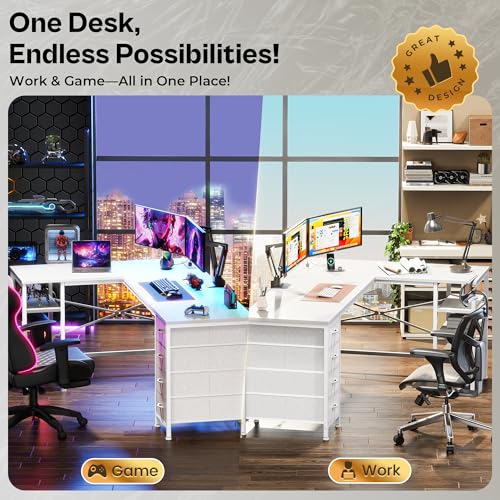 Huuger 63 Inch L Shaped Desk with Fabric Drawers, Reversible Computer Gaming Desk with Power Outlets and USB-C Port, Adjustable Side Storage Shelves