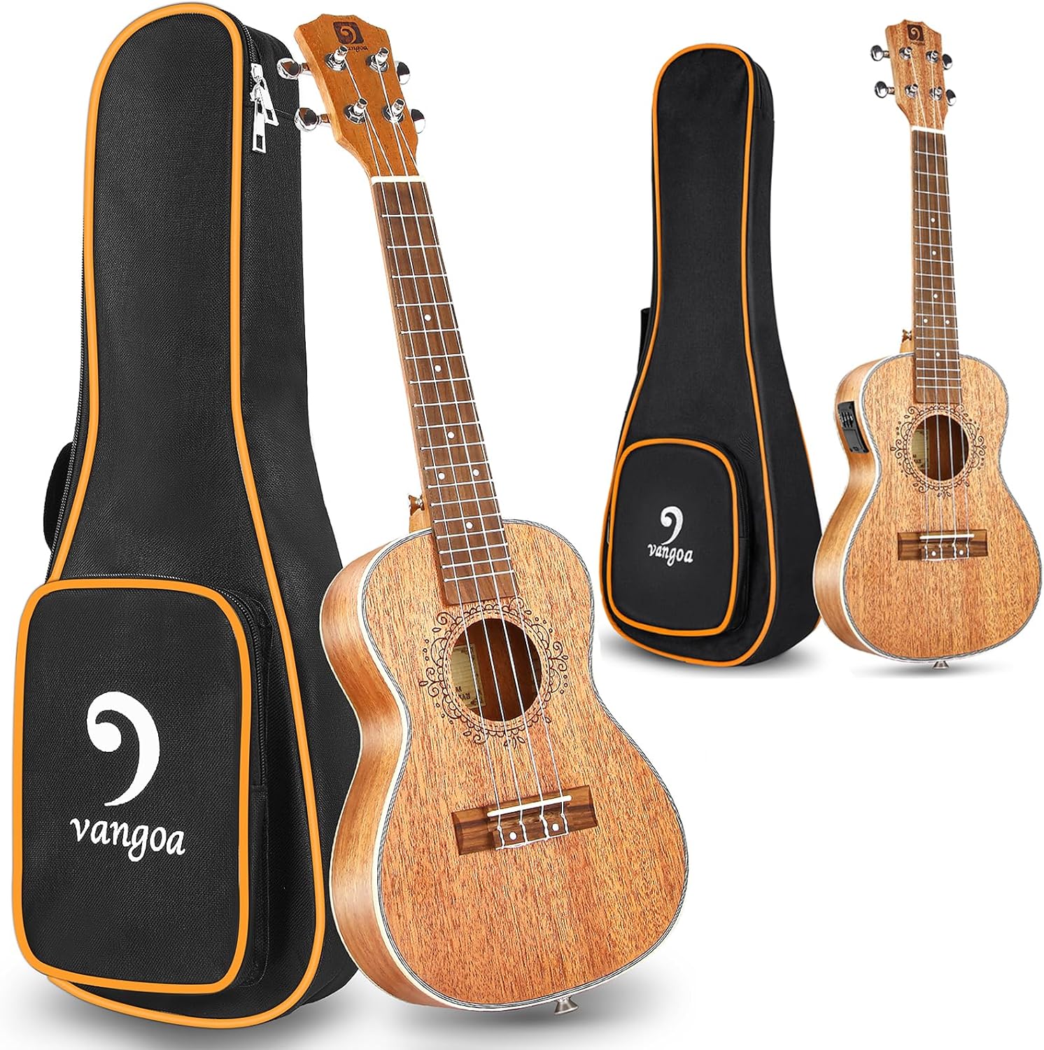 Vangoa Ukulele Concert Mahogany 23 inch and Electric Acoustic Tenor Ukulele Bundle for Beginners Adults Professional Four String Wooden Hawaiian
