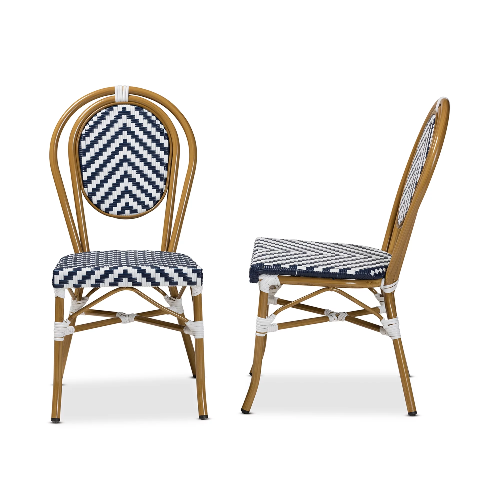 Baxton Studio Alaire Indoor and Outdoor Dining Chair - Wicker - Set of 2 - Stacking - Blue and White - Radiant Selections