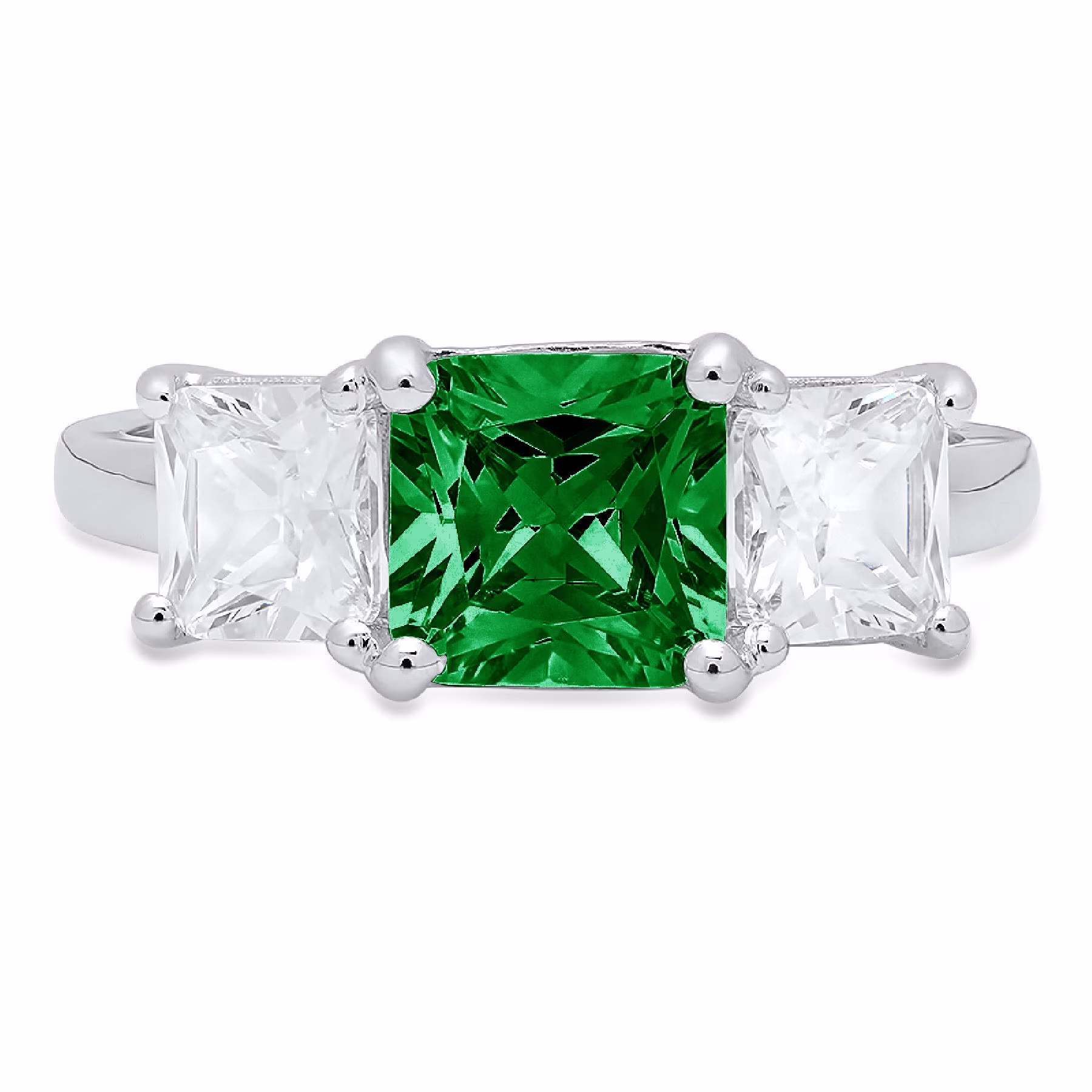 4.0 ct Brilliant Square Emerald Cut Clear Simulated Diamond 18K White Gold Three-Stone Ring SZ 7.75