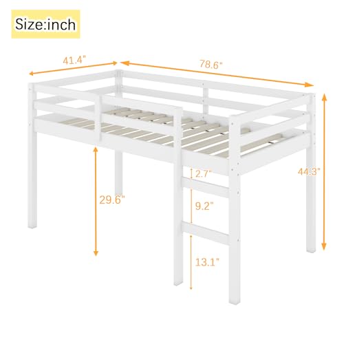 Low Loft Bed Twin Size, Kids Solid Wood Modern Loft Bed Frame with Ladder and Safety Guardrail for Girls Boys, Noise-Free,Non-Toxic Finishes
