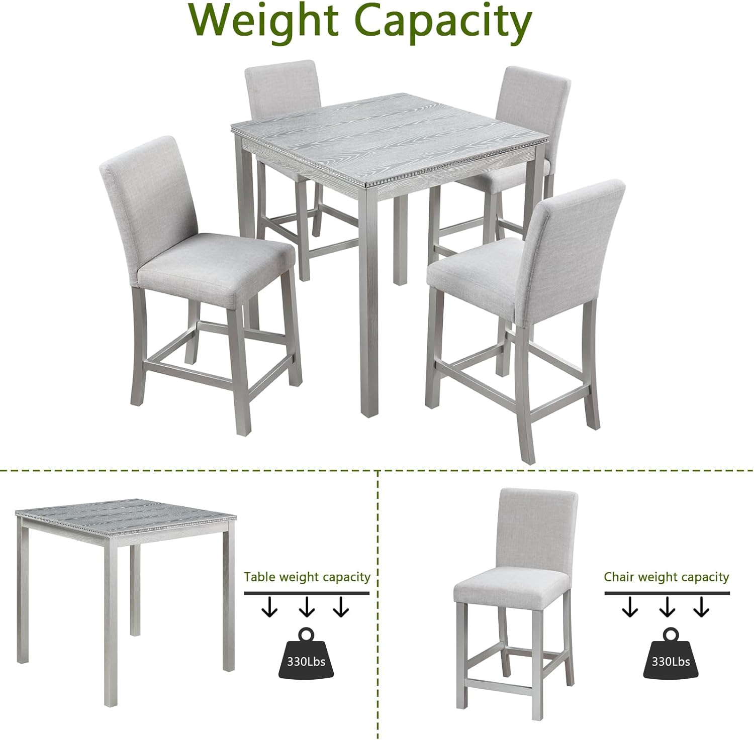 5-Piece Acacia Wood Counter Height Dining Table Set, 34.50'' Square Dining Table and 4 Upholstered-Seat Chairs