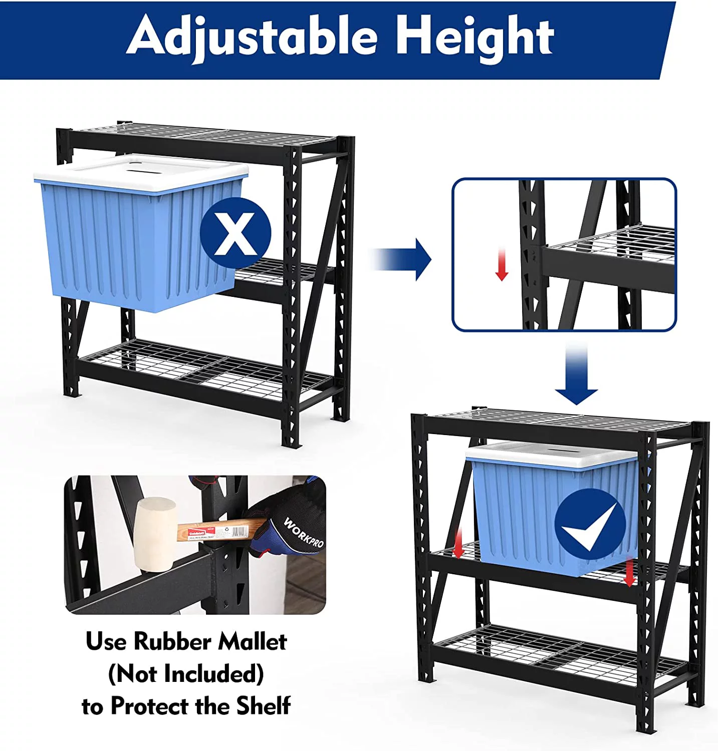 WORKPRO 3-Tier Garage Shelving Unit, Heavy Duty Metal Storage Rack, 50”W x 47”H x 18”D Height Adjustable, Industrial Shelving for Garage, Warehouse
