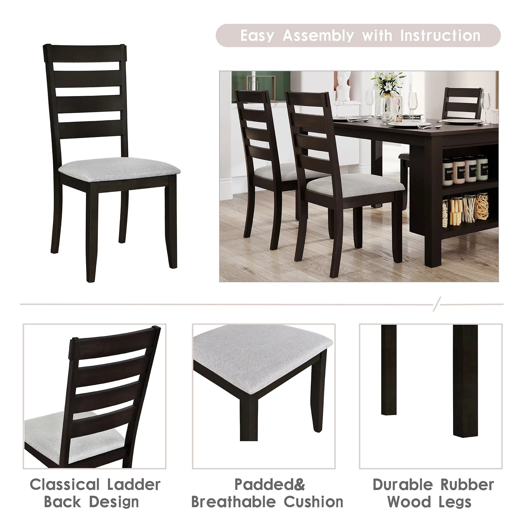 Churanty Farmhouse Wood 5 Pieces Dining Table Set with Storage Shelves,Kitchen Set for 4 with Padded Dining Chairs, Espresso