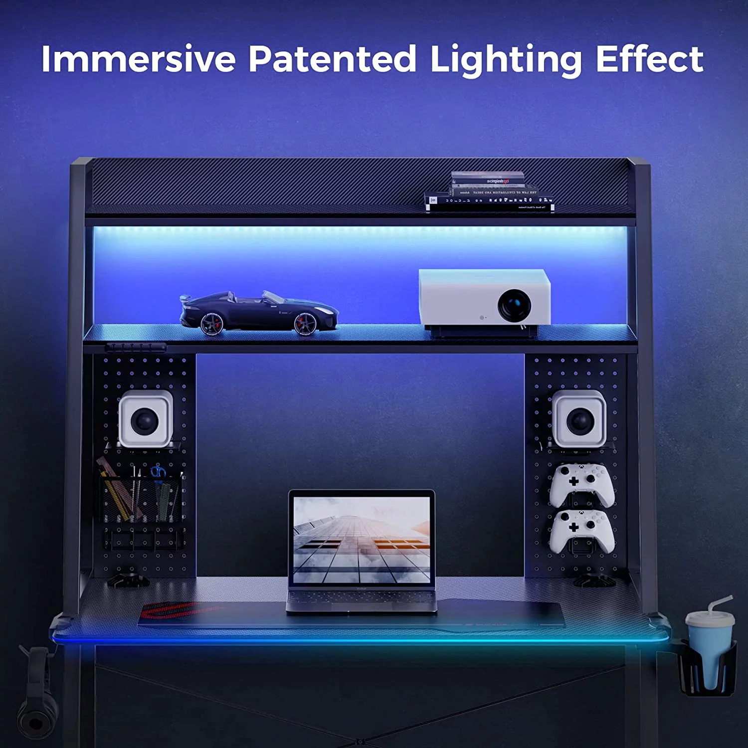 KHBIULIFE ERGONOMIC LED Gaming Desk with Shelves  Dual Pegboards  43''
