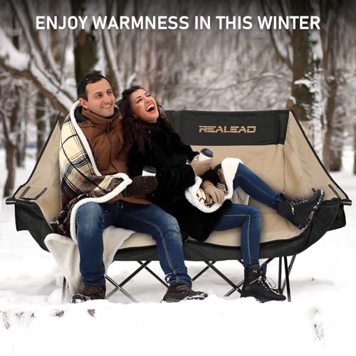 REALEAD Heated Double Camping Chair, 3 Heat Levels and 4 Heating Zones, Portable Heated Loveseat Chair for Outdoor Sports Support 650lbs