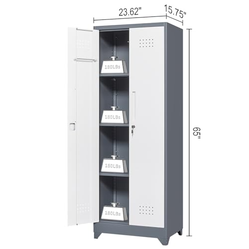 GREATMEET Broom Storage Cabinet, 65" Metal Utility Closet for Brooms and Mops, Cleaning Supply Cabinet with Pegboard