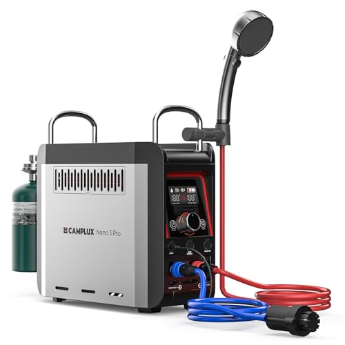 CAMPLUX Nano 3 Pro, Battery Powered Portable Water Heater, 1 lb On-Demand Propane Camping Shower, On Ground Camp Water Heater & Shower Pump